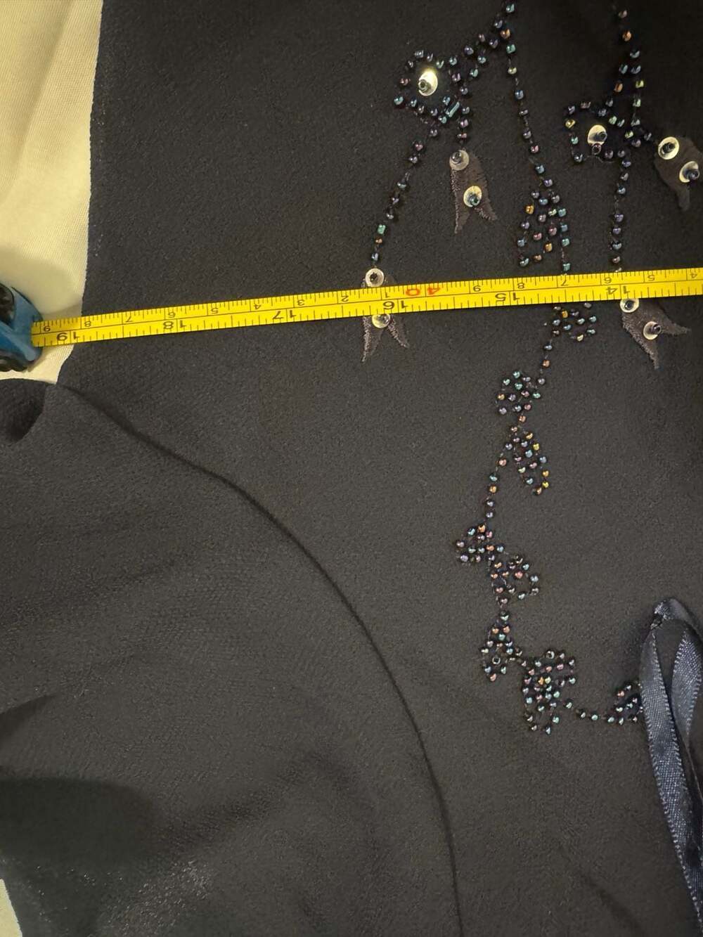 Studio I Vintage Navy Blue Beaded and Sequined V-Neck Chiffon Blouse - Picture 4 of 5